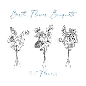 Birth flower bouquet tattoo design, three black line-art bouquets with stems and small flowers