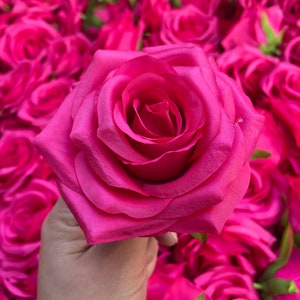 Hot pink faux silk rose head, 9cm artificial flower bloom, close-up with hand