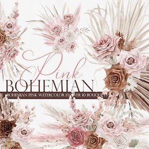 Watercolor pink boho flower bouquet clipart with roses and airy vines