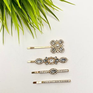 Gold-tone bridal hair clips with rhinestone and pearl accents (set of 4)