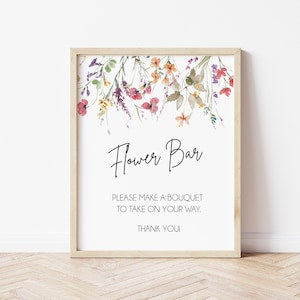 Wildflower flower bar sign in wooden frame, floral border, 'Flower Bar' text