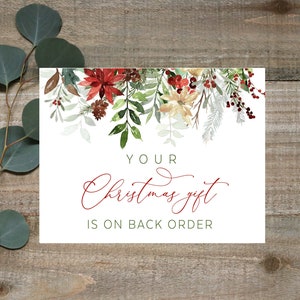 Your Christmas gift is On back order Card, Christmas Pregnancy announcement card, Christmas Surprise card, watercolor poinsettia flowers