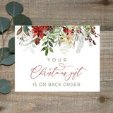 Your Christmas gift is On back order Card, Christmas Pregnancy announcement card, Christmas Surprise card, watercolor poinsettia flowers
