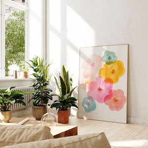 Vertical floral watercolor wall art print with pink, yellow, blue, and green accents