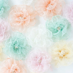 Pastel sheer organza fabric crinkle flowers cluster, mint pink peach cream tones