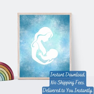Framed breastfeeding wall sign with white mother-and-baby silhouette on blue background