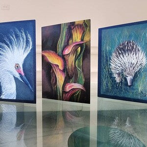 Set of 3 art greeting cards with three vertical nature and animal designs