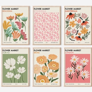Flower market poster set of six prints with botanical flowers and city names