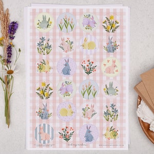Pastel rabbit sticker sheet with floral circle bunny designs, for envelopes and cards