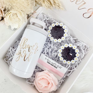 White flower girl sippy cup water bottle with lid in decorated gift box