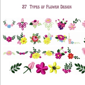 Flower embroidery design set with colorful blooms and leaves, 27 flower motifs