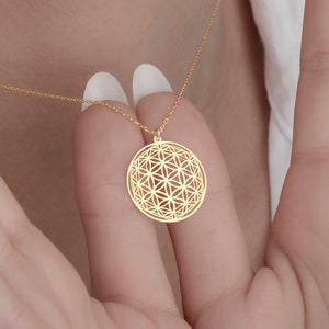 Gold flower of life pendant necklace with thin chain, round geometric charm