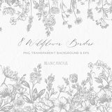 border flower clipart line art botanical clipart handdrawn wildflower PNG EPS logo design element wedding invitation delicate commercial use