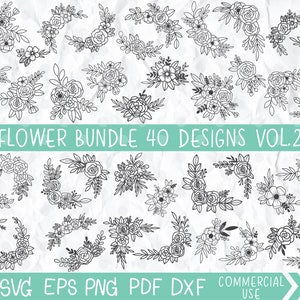 Hand-drawn floral SVG bundle with frames, corner bouquets, and scattered flower line art