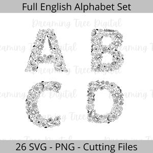 Floral alphabet SVG and PNG bundle with black line-art letter designs