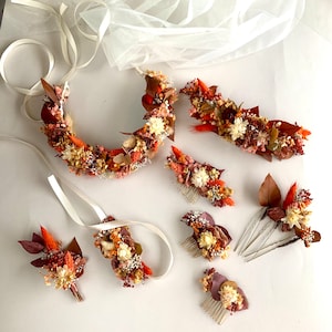 Terracotta Bridal autumn accessory Set Dried flower crown Burgundy wreath Wedding floral Hair pins Fall Comb Burnt Orange Clips Bridesmaid