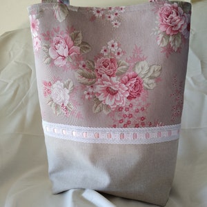 Floral tote bag with pink rose embroidery and striped fabric trim, grey base