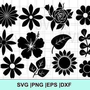 Flower silhouette clipart bundle with black blossoms and leaf shapes, set of icons