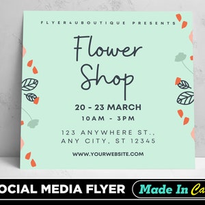 Mint green flower shop flyer with leaf icons and date/time details