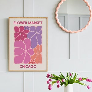Framed Chicago floral print with pink and purple flower market design