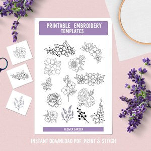 Printable stick-and-stitch embroidery template sheet with floral line-drawings