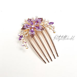 Purple rhinestone flower hair comb with pearl-style accents and three metal teeth