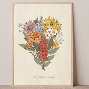 Framed birth-flower bouquet print with colorful wildflowers and leaves