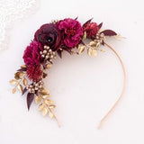 Burgundy gold purple flower headband, dark flower crown, gothic floral hairpiece, bridesmaid headdress fascinator, bridal hair wreath halo