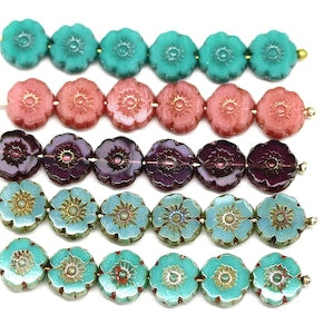 8mm Hibiscus flower Czech glass pink floral green turquoise daisy picasso beads