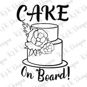 Cake on board sign decal with stacked cake illustration and roses, text 'On Board!'