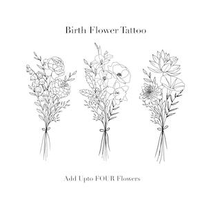 Birth flower bouquet tattoo design, fine-line floral bouquets with up to four blooms