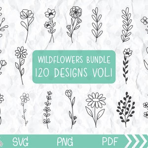 Wildflower SVG bundle with 120 botanical line icons: flowers, leaves, and foliage.