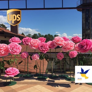 Set of 9 large pink paper rose flowers on stems for wedding backdrop