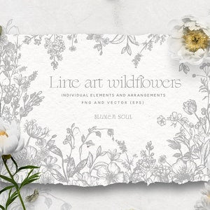 Hand-drawn wildflower line art frame with delicate botanical stems and blossoms