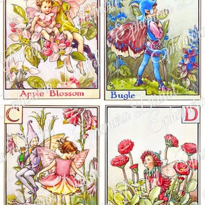 Alphabet flower fairies printable collage sheets, four card panels with floral fairies and letters