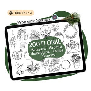 Floral procreate stamp set: 200 wreath, bouquet, leaf and botanical icons