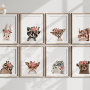 Set of 8 framed woodland animal nursery prints with flower crowns, assorted faces
