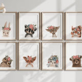 Woodland Nursery Prints, Animals With Flower Crown, Set of 8 Prints, Woodland Nursery Decor, Nursery Wall Art,Baby Animal Prints for Nursery