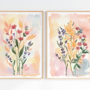 Watercolor wildflower wall art print, two floral designs in soft pastel colors