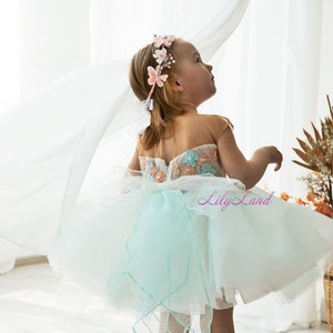 Mint tulle toddler dress with floral bodice and layered skirt