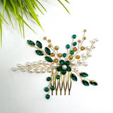 Decorative emerald green hair clip | wedding and occasion hair piece | green crystal and ivory pearls hair comb | bridal hair comb