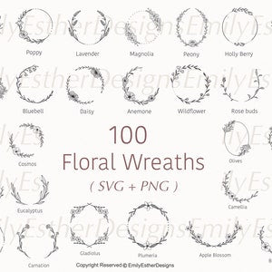 Floral wreath SVG bundle with circular laurel and flower wreath designs, 100 set