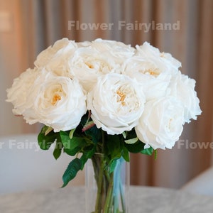 Artificial white English rose bouquet with green leaves, latex-textured petals, in a vase
