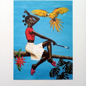 Black art print featuring a stylized woman holding a flying bird
