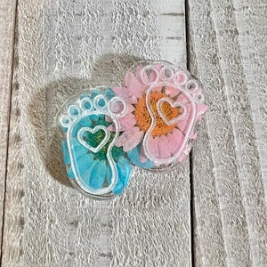Baby feet badge buddy with flower patches, heart accents, clip and Velcro back