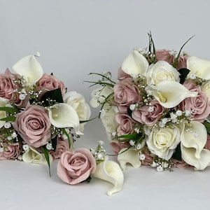 Artificial wedding bouquet set with ivory and blush pink roses, gypsophila and greenery