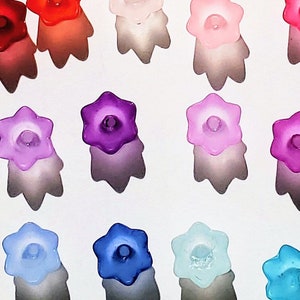 Frosted tulip flower beads, translucent assorted colors, 10mm flower shapes.