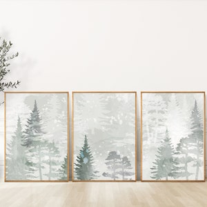 Set of 3 framed winter tree wall prints with snowy pine forest scenes