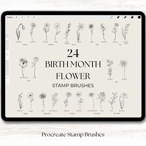 Digital birth flower stamp brush set with 24 monochrome flower and plant icons