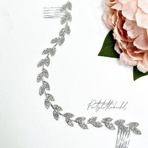 Silver rhinestone leaf hair comb with curved branch design